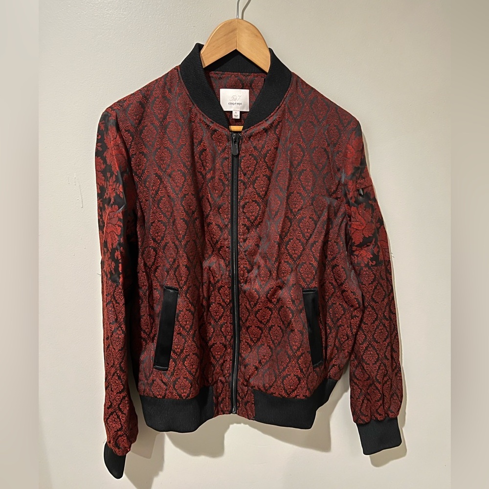 Cinq à Sept Patterned Bomber Jacket in Red and Black